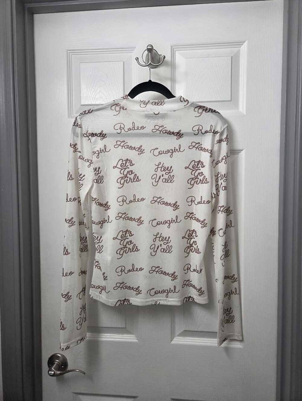Western Mockneck Sheer Cream Graphic Long-Sleeve Top Rodeo Howdy Script Large - Picture 10 of 11